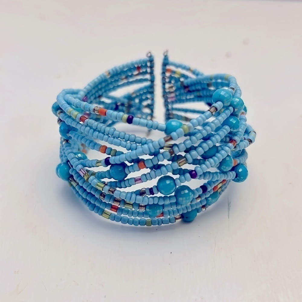 Vintage Glass Seed Bead Handcrafted Braided Wire Cuff Bracelet blue